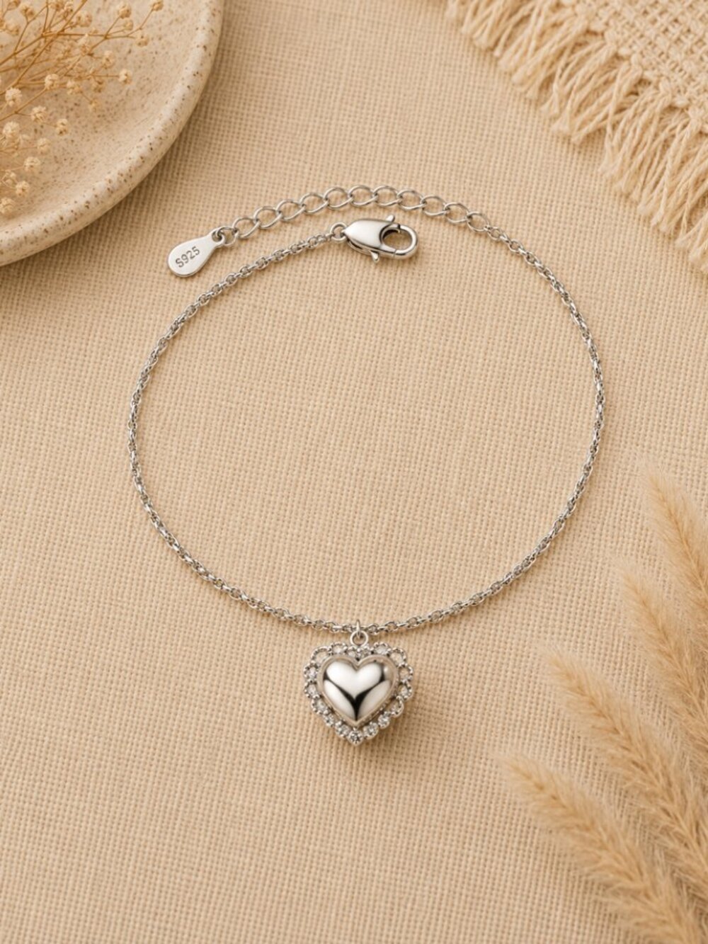 925 Sterling Silver Heart Bracelet Delicate Dainty Lace Heart Bracelet